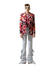 Red Cut Out Print Tuxdo-Collar Blazer