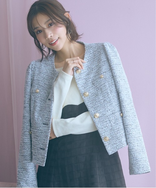 marun（マルン）の「＜大きいサイズ＞ツイード調ノーカラージャケット marun（ノーカラージャケット・レディース・ピンク/ブラック・L/LL/3L/4L/5L）」の2枚目の写真