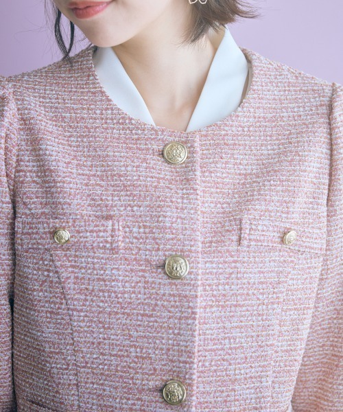 marun（マルン）の「＜大きいサイズ＞ツイード調ノーカラージャケット marun（ノーカラージャケット・レディース・ピンク/ブラック・L/LL/3L/4L/5L）」の12枚目の写真