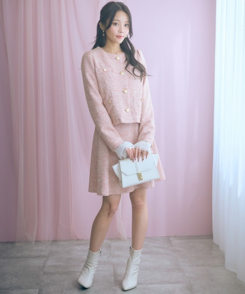 marun（マルン）の「＜大きいサイズ＞ツイード調ノーカラージャケット marun（ノーカラージャケット・レディース・ピンク/ブラック・L/LL/3L/4L/5L）」の6枚目の写真