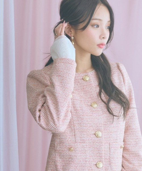 marun（マルン）の「＜大きいサイズ＞ツイード調ノーカラージャケット marun（ノーカラージャケット・レディース・ピンク/ブラック・L/LL/3L/4L/5L）」の3枚目の写真