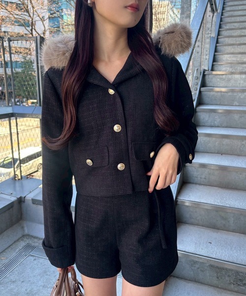 one after another NICE CLAUP(ワンアフターアナザーナイスクラップ)の「フェイクファー付きツイードジャケット(ブルゾン・レディース・アイボリー/ブラック/イエロー・FREE)」の3枚目の写真