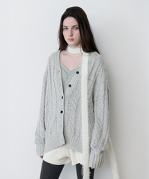 V NECK CABLE LOOSE FIT CARDIGAN GRAY