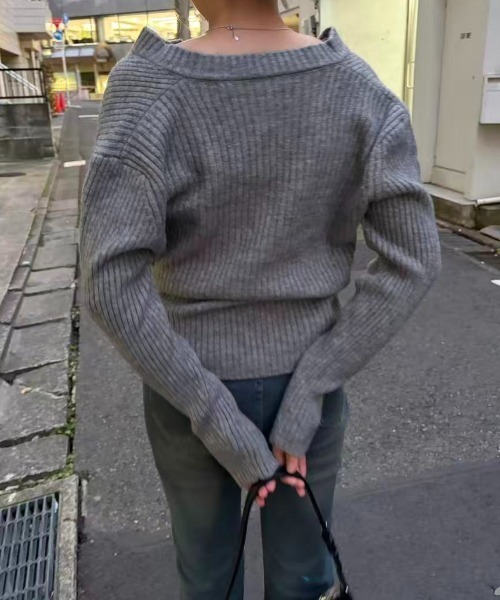 mebole(メボレ)の「Cross Waist Slim Knit Top(ニット/セーター・レディース・アイボリー/グレー・FREE)」の3枚目の写真