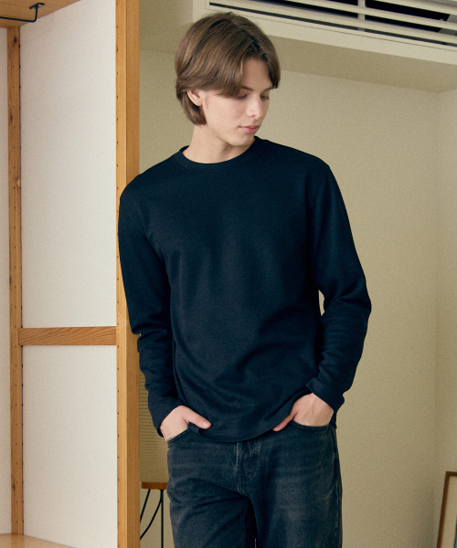BASIC HOUSE(ベーシックハウス)の「ニットライクラウンドネック長袖TシャツブラックLZTS6105(Tシャツ/カットソー・メンズ・ブラック・FREE)」の1枚目の写真