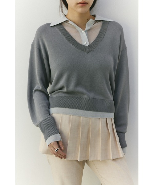 STYLEMIXER（スタイルミキサー）の「レイヤードポロニットトップ（ニット/セーター・レディース・ライトベージュ/ネイビー/グレー・FREE）」の2枚目の写真