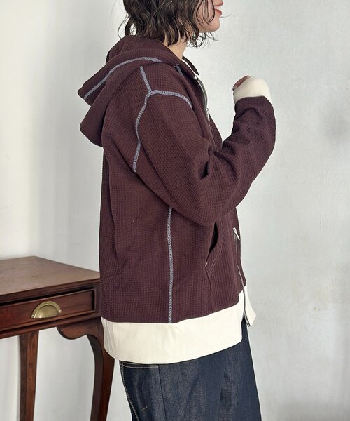 CPCM（シーピーシーエム）の「ワッフルリブ配色ジップパーカー（パーカー・メンズ・ブラウン/アイボリー・FREE）」の15枚目の写真