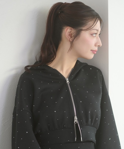 Ambre Neige（アンブルネージュ）の「rhinestone w zip hoodie / ラインストーンWジップパーカー（パーカー・レディース・杢グレー/ブラック・FREE）」の7枚目の写真