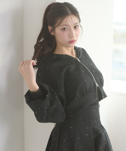 Ambre Neige（アンブルネージュ）の「rhinestone w zip hoodie / ラインストーンWジップパーカー（パーカー・レディース・杢グレー/ブラック・FREE）」の8枚目の写真