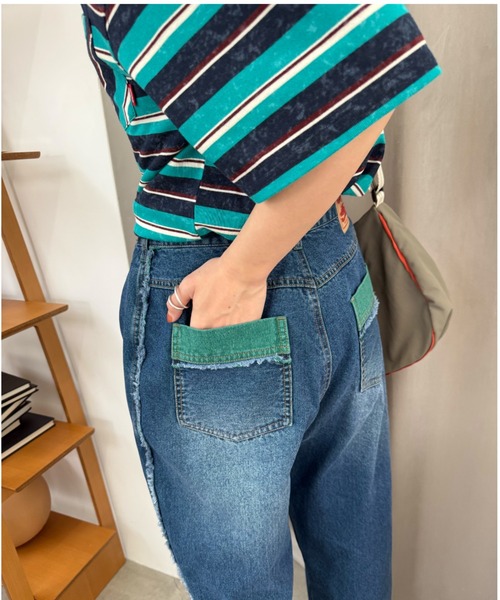 DOUBLE NAME(ダブルネーム)の「下糸配色ウエストボタン調節パンツ(その他パンツ・レディース・グリーン/ピンク・FREE)」の5枚目の写真