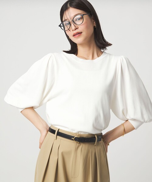 green label relaxing(グリーンレーベルリラクシング)の「【WEB限定】<at ease>袖ボリューム ニット ウォッシャブル 接触冷感 UVカット 遮熱(ニット/セーター・レディース・ブラック/ホワイト/ダークブラウン/イエロー・FREE)」の2枚目の写真