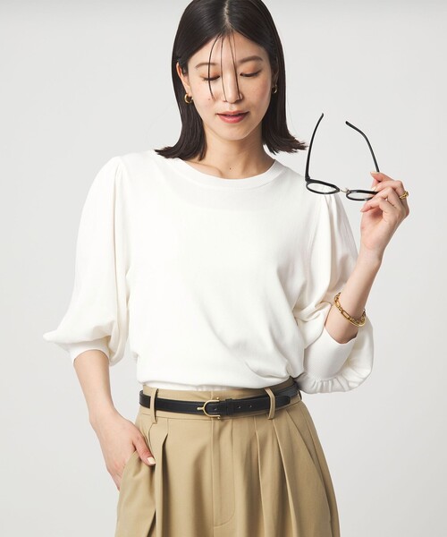 green label relaxing(グリーンレーベルリラクシング)の「【WEB限定】<at ease>袖ボリューム ニット ウォッシャブル 接触冷感 UVカット 遮熱(ニット/セーター・レディース・ブラック/ホワイト/ダークブラウン/イエロー・FREE)」の14枚目の写真