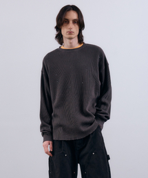 (m) ミストペインティングワッフルTシャツ_ダークカーキ