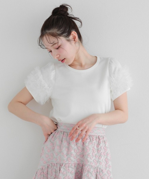 Fit more（フィットモア）の「ドットチュールフリルパフスリーブトップス（Tシャツ/カットソー・レディース・ブラック/ピンク/ホワイト・FREE）」の2枚目の写真