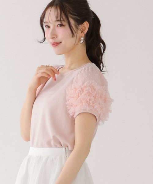 Fit more（フィットモア）の「ドットチュールフリルパフスリーブトップス（Tシャツ/カットソー・レディース・ブラック/ピンク/ホワイト・FREE）」の4枚目の写真