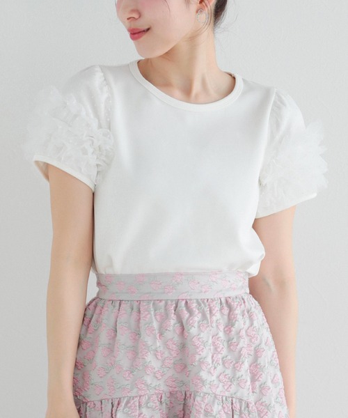 Fit more（フィットモア）の「ドットチュールフリルパフスリーブトップス（Tシャツ/カットソー・レディース・ブラック/ピンク/ホワイト・FREE）」の6枚目の写真