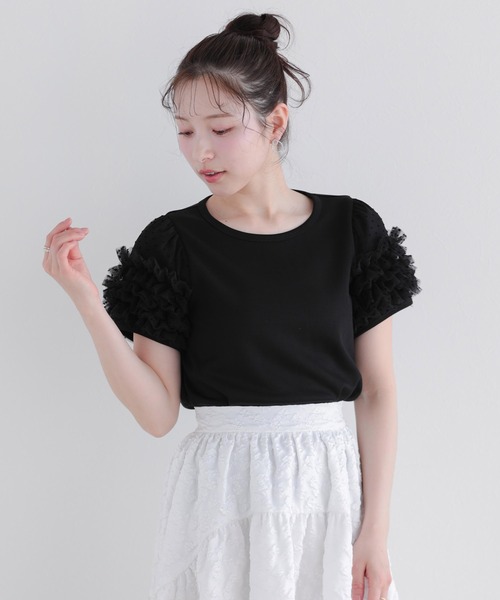 Fit more（フィットモア）の「ドットチュールフリルパフスリーブトップス（Tシャツ/カットソー・レディース・ブラック/ピンク/ホワイト・FREE）」の10枚目の写真