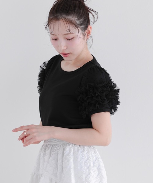 Fit more（フィットモア）の「ドットチュールフリルパフスリーブトップス（Tシャツ/カットソー・レディース・ブラック/ピンク/ホワイト・FREE）」の11枚目の写真