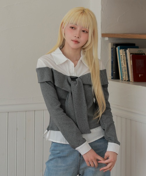 LiLIN(リリン)の「袖結び風 フェイクレイヤード デザイン トップス(シャツ/ブラウス・レディース・ブラック/グレー・FREE)」の9枚目の写真