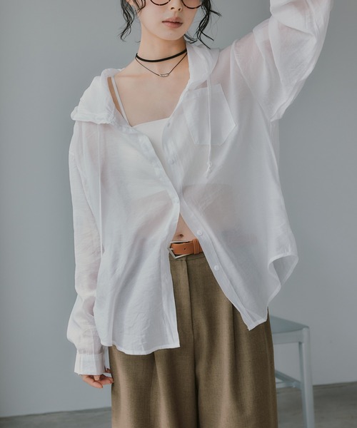 210nouve（トゥージュヌーブ）の「フード付き オーバーサイズ シャツ（シャツ/ブラウス・レディース・グリーン/ピンク/ホワイト・FREE）」の2枚目の写真