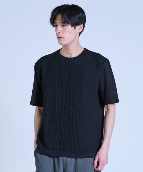 UNION STATION（ユニオンステーション）の「ニット×ポンチコンビハーフスリーブTシャツ＜ストレッチ・マシンウォッシャブル＞（Tシャツ/カットソー・メンズ・ブラック/ブルー/ホワイト・L/LL/M）」の3枚目の写真