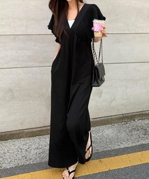 Vネック ラッフルフリル ギャザー ワイドパンツ オールインワン