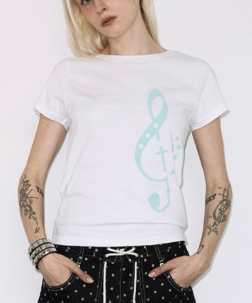 FANCY CLUB（ファンシークラブ）の「【FANCY CLUB】CLEF SYMBOL TEE / 【ファンシークラブ】クレフシンボル音符プリント半袖Tシャツ（Tシャツ/カットソー・レディース・ミント/ホワイト・ONE SIZE）」の3枚目の写真