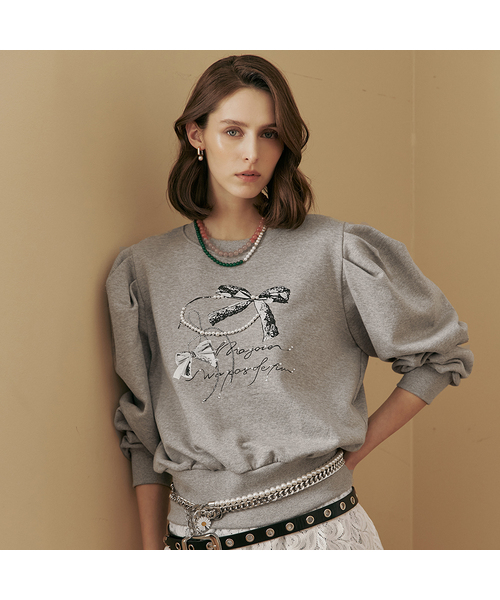 MAXZA(マージャコレクション)の「パールリボンビーズパフスリーブスウェットTシャツ(スウェット・レディース・ピンク/グレー・FREE)」の1枚目の写真