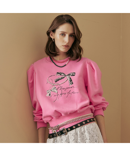MAXZA(マージャコレクション)の「パールリボンビーズパフスリーブスウェットTシャツ(スウェット・レディース・ピンク/グレー・FREE)」の2枚目の写真