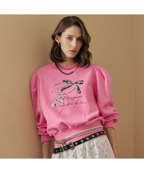 MAXZA(マージャコレクション)の「パールリボンビーズパフスリーブスウェットTシャツ(スウェット・レディース・ピンク/グレー・FREE)」の3枚目の写真