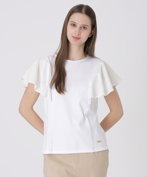 BLUE LABEL CRESTBRIDGE(ブルーレーベルクレストブリッジ)の「【接触冷感】シルケットスムースレーススリーブカットソー(Tシャツ/カットソー・レディース・ホワイト/ブラック・40/38)」の2枚目の写真