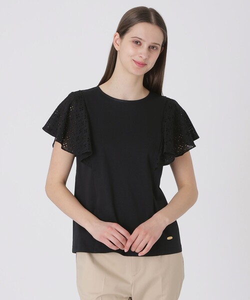 BLUE LABEL CRESTBRIDGE(ブルーレーベルクレストブリッジ)の「【接触冷感】シルケットスムースレーススリーブカットソー(Tシャツ/カットソー・レディース・ホワイト/ブラック・40/38)」の1枚目の写真