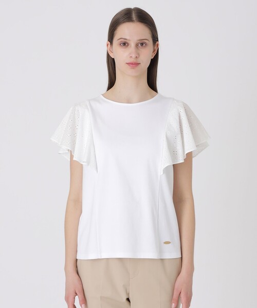 BLUE LABEL CRESTBRIDGE(ブルーレーベルクレストブリッジ)の「【接触冷感】シルケットスムースレーススリーブカットソー(Tシャツ/カットソー・レディース・ホワイト/ブラック・40/38)」の4枚目の写真