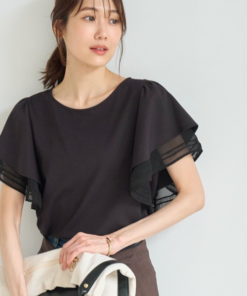 ROPE' PICNIC(ロペピクニック)の「【ベストヒット】レースドッキングフレアスリーブカットトップス/UVカット・接触冷感(Tシャツ/カットソー・レディース・サックスブルー/ピンク系その他/ブラック/ホワイト・FREE)」の2枚目の写真