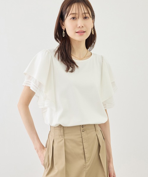 ROPE' PICNIC(ロペピクニック)の「【ベストヒット】レースドッキングフレアスリーブカットトップス/UVカット・接触冷感(Tシャツ/カットソー・レディース・サックスブルー/ピンク系その他/ブラック/ホワイト・FREE)」の10枚目の写真