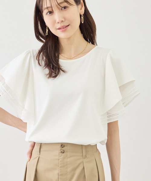 ROPE' PICNIC(ロペピクニック)の「【ベストヒット】レースドッキングフレアスリーブカットトップス/UVカット・接触冷感(Tシャツ/カットソー・レディース・サックスブルー/ピンク系その他/ブラック/ホワイト・FREE)」の11枚目の写真