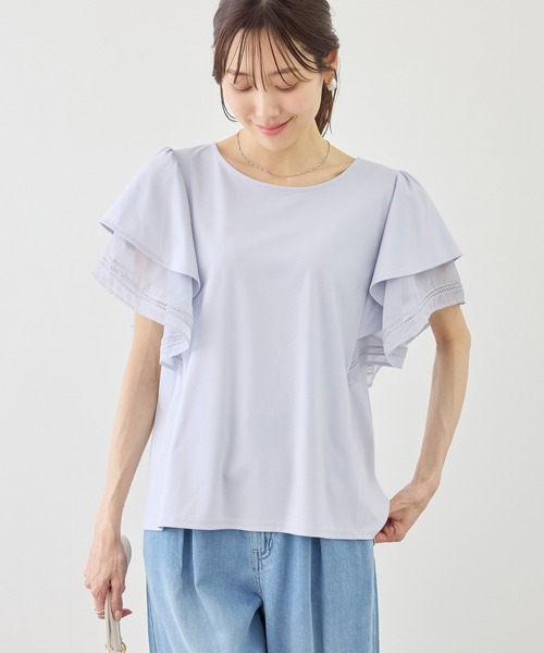 ROPE' PICNIC(ロペピクニック)の「【ベストヒット】レースドッキングフレアスリーブカットトップス/UVカット・接触冷感(Tシャツ/カットソー・レディース・サックスブルー/ピンク系その他/ブラック/ホワイト・FREE)」の15枚目の写真