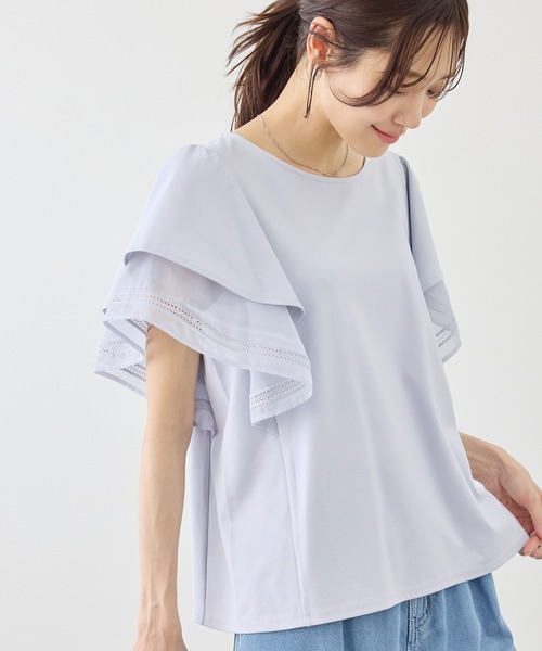ROPE' PICNIC(ロペピクニック)の「【ベストヒット】レースドッキングフレアスリーブカットトップス/UVカット・接触冷感(Tシャツ/カットソー・レディース・サックスブルー/ピンク系その他/ブラック/ホワイト・FREE)」の16枚目の写真