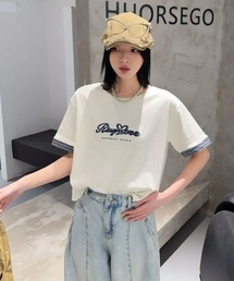 [3color]チェックレイヤード貼り布刺繍ロゴTシャツ