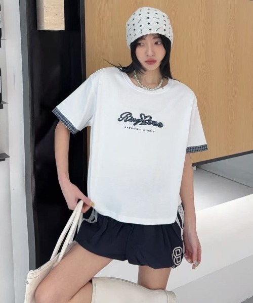 DIAVEL（ディアベル）の「[3color]チェックレイヤード貼り布刺繍ロゴTシャツ（Tシャツ/カットソー・レディース・ホワイト/ベージュ/ブラック・M）」の2枚目の写真