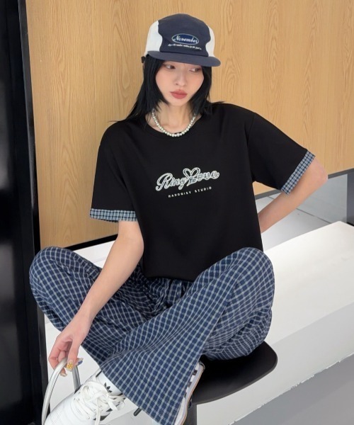 DIAVEL（ディアベル）の「[3color]チェックレイヤード貼り布刺繍ロゴTシャツ（Tシャツ/カットソー・レディース・ホワイト/ベージュ/ブラック・M）」の7枚目の写真