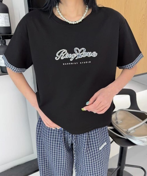 DIAVEL（ディアベル）の「[3color]チェックレイヤード貼り布刺繍ロゴTシャツ（Tシャツ/カットソー・レディース・ホワイト/ベージュ/ブラック・M）」の8枚目の写真
