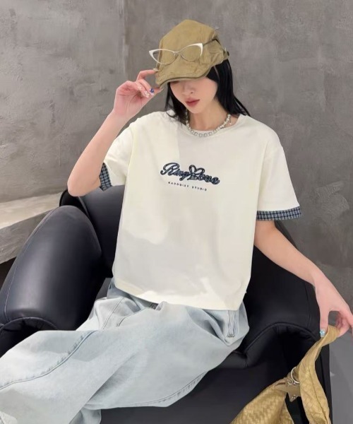 DIAVEL（ディアベル）の「[3color]チェックレイヤード貼り布刺繍ロゴTシャツ（Tシャツ/カットソー・レディース・ホワイト/ベージュ/ブラック・M）」の5枚目の写真