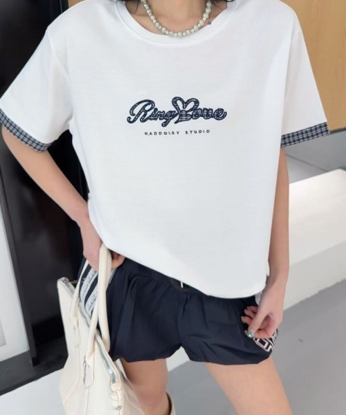 DIAVEL（ディアベル）の「[3color]チェックレイヤード貼り布刺繍ロゴTシャツ（Tシャツ/カットソー・レディース・ホワイト/ベージュ/ブラック・M）」の13枚目の写真