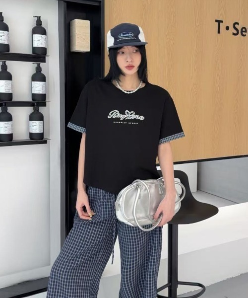 DIAVEL（ディアベル）の「[3color]チェックレイヤード貼り布刺繍ロゴTシャツ（Tシャツ/カットソー・レディース・ホワイト/ベージュ/ブラック・M）」の9枚目の写真