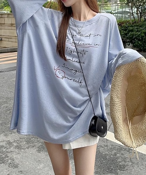 GLAMOROUS JANE(グラマラスジェーン)の「ロゴプリントシアー長袖トップス(Tシャツ/カットソー・レディース・ブルー/ホワイト・FREE)」の1枚目の写真