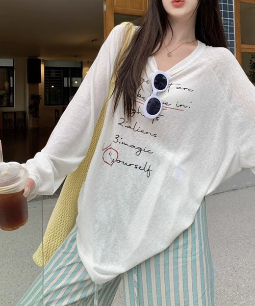 GLAMOROUS JANE(グラマラスジェーン)の「ロゴプリントシアー長袖トップス(Tシャツ/カットソー・レディース・ブルー/ホワイト・FREE)」の9枚目の写真