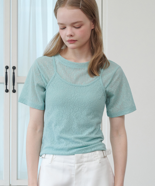 OPENING SUNSHINE(オープニングサンシャイン)の「ローズジャカードレースショートスリーブクロップTシャツミント(Tシャツ/カットソー・レディース・その他・FREE)」の6枚目の写真