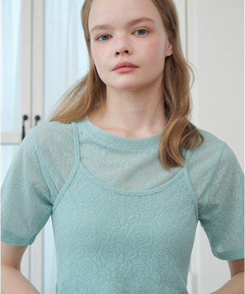 OPENING SUNSHINE(オープニングサンシャイン)の「ローズジャカードレースショートスリーブクロップTシャツミント(Tシャツ/カットソー・レディース・その他・FREE)」の3枚目の写真