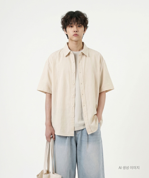 UMM(ウム)の「ピュアコットンオーバーサイズ半袖クールシャツ4COLOR(シャツ/ブラウス・メンズ・オートミール/ネイビー/ホワイト/スカイブルー・1/2/3)」の7枚目の写真